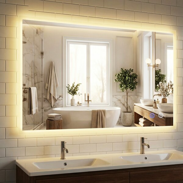 Costway Specchio led bagno parete rettangolare anti-appannamento memoria 3 colori dimmerazione, Specchio vetro temperato infrangibile 120 x 70 cm