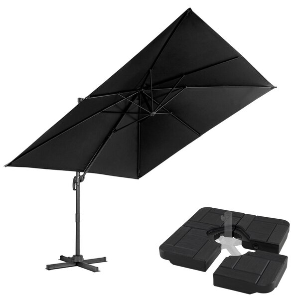 Costway Ombrellone 300 cm per cortile e base ombrellone da giardino a 4 pezzi, Ombrellone da esterno e base riempibile quadrata supporto pesante portabile Nero