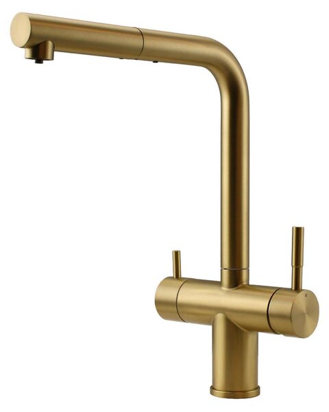Miscelatore da cucina in acciaio inossidabile Pure.Sink Elite Steel Clear-S, finitura oro spazzolato PVD, con tre vie, beccuccio estraibile e sistema di acqua filtrata, modello PS8120-60