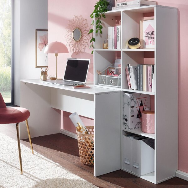 FineBuy Scrivania con scaffale Bianco 170x59x143,5 cm Scrivania da ufficio Moderna Scrivania per laptop con 6 ripiani Scrivania per home office con spazio di archiviazione