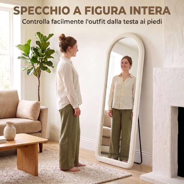 HOMCOM Specchio Intero 160x60 Cm, Ad Arco, Da Terra O Parete, Cornice Flanella, Bianco Crema | Aosom Italy