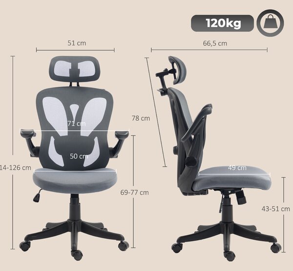 HOMCOM Sedia Ufficio Ergonomica, Braccioli Ribaltabili 3D, Poggiatesta 2D, Appendiabiti, in Rete, Grigio Scuro | Aosom Italy
