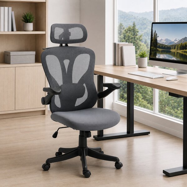 HOMCOM Sedia Ufficio Ergonomica, Braccioli Ribaltabili 3D, Poggiatesta 2D, Appendiabiti, in Rete, Grigio Scuro | Aosom Italy