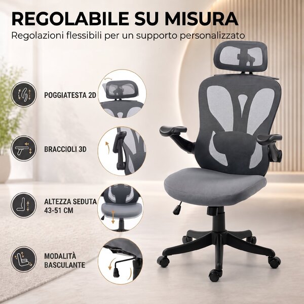 HOMCOM Sedia Ufficio Ergonomica, Braccioli Ribaltabili 3D, Poggiatesta 2D, Appendiabiti, in Rete, Grigio Scuro | Aosom Italy