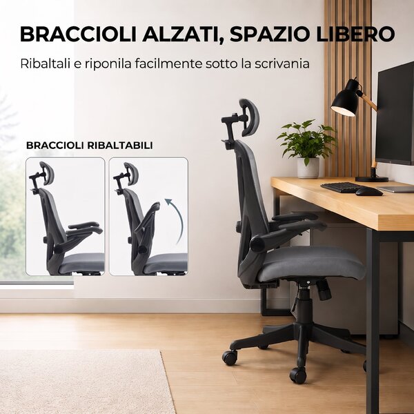 HOMCOM Sedia Ufficio Ergonomica, Braccioli Ribaltabili 3D, Poggiatesta 2D, Appendiabiti, in Rete, Grigio Scuro | Aosom Italy