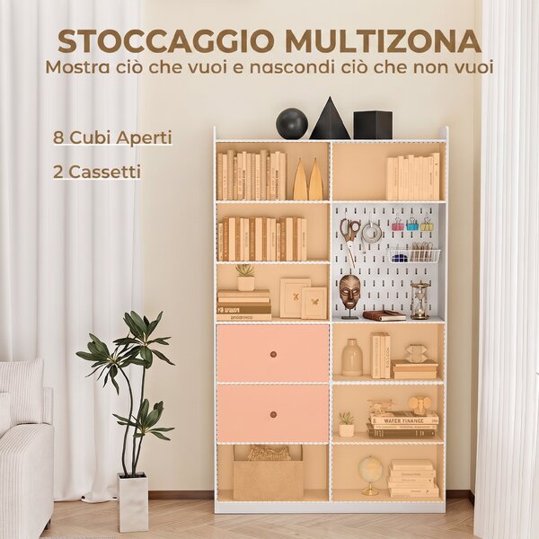HOMCOM Libreria Doppia a 6 Livelli con Cassetti e Pannello Forato, Bianco | Aosom Italy
