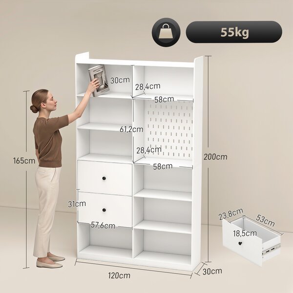HOMCOM Libreria Doppia a 6 Livelli con Cassetti e Pannello Forato, Bianco | Aosom Italy