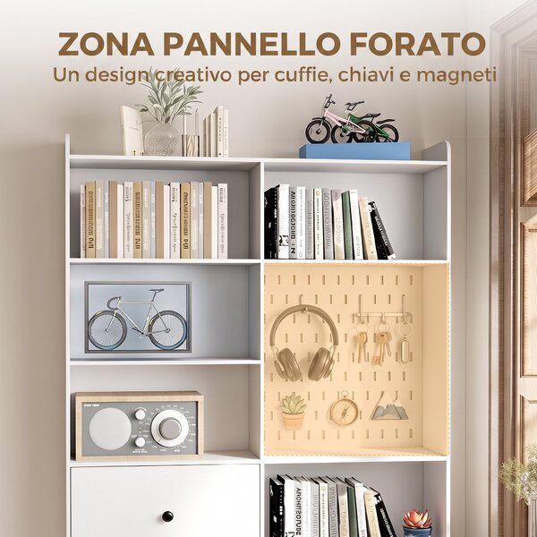 HOMCOM Libreria Doppia a 6 Livelli con Cassetti e Pannello Forato, Bianco | Aosom Italy