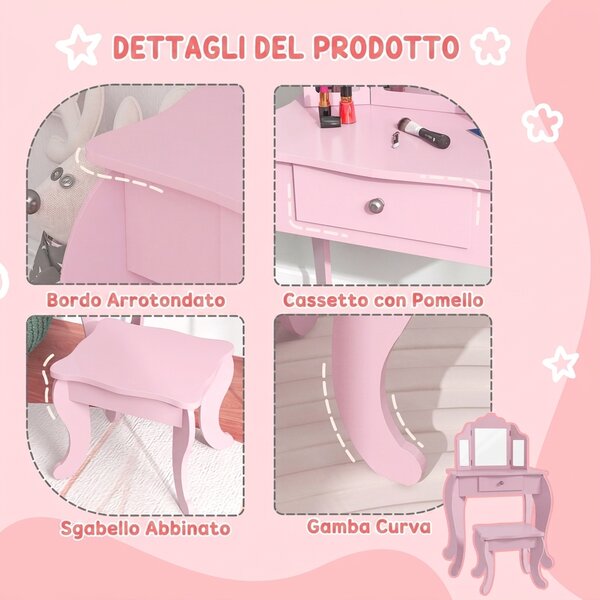 HOMCOM Tavolo da Trucco per Bambini con Sgabello e Triplo Specchio, in Legno e Acrilico, 63x40x85.5 cm, Rosa | Aosom Italy