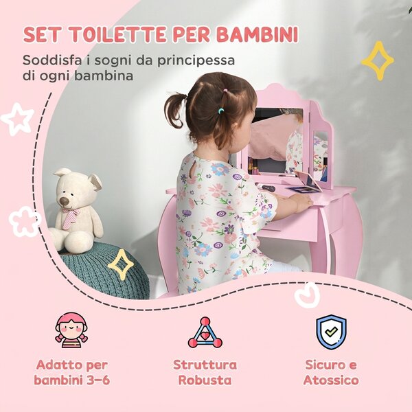 HOMCOM Tavolo da Trucco per Bambini con Sgabello e Triplo Specchio, in Legno e Acrilico, 63x40x85.5 cm, Rosa | Aosom Italy
