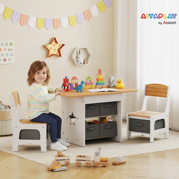 AIYAPLAY Set Tavolo Bambini con 2 Sedie, 6 Cassetti, 3-8 Anni, in Legno, per Cameretta Soggiorno, Color Legno | Aosom Italy