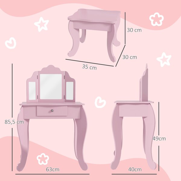 HOMCOM Tavolo da Trucco per Bambini con Sgabello e Triplo Specchio, in Legno e Acrilico, 63x40x85.5 cm, Rosa | Aosom Italy