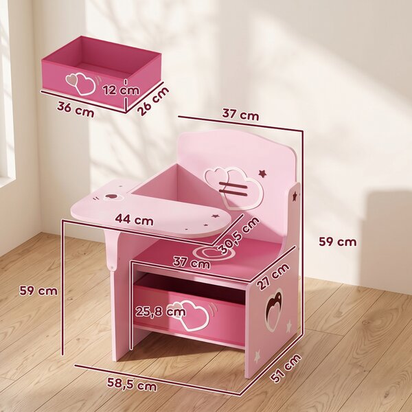 AIYAPLAY Set Tavolo e Sedia per Bambini 3-5 Anni in Legno MDF con Motivi a Cuore, Contenitore Integrato, Rosa | Aosom Italy