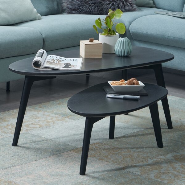 FineBuy Set di 2 tavolini a forma di rene in legno massiccio di mango nero - Tavolino da salotto design retrò - Tavolini con struttura in legno