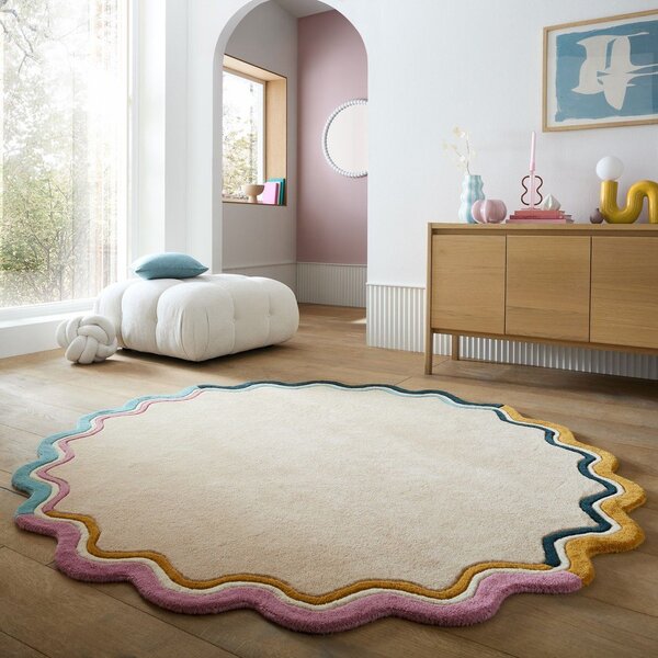 Tappeto rotondo di colore naturale in lana tessuto a mano ø 180 cm Leo Scallop – Flair Rugs