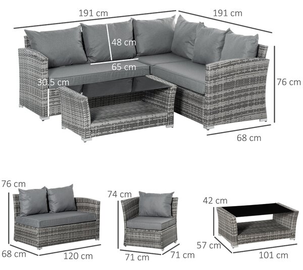 Outsunny Set Mobile da Giardino in Rattan PE da 4 Pezzi, con Divano Angolare e Tavolino con Vetro, Cuscini Imbottiti e Sfoderabili, Grigio | Aosom