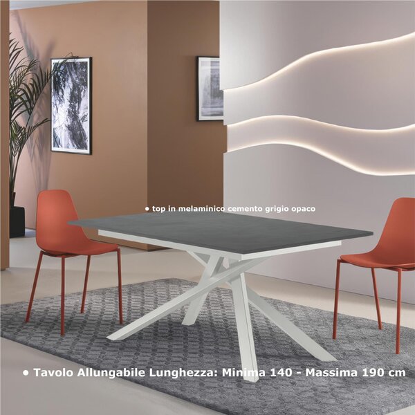 Tavolo Allungabile, Top in Melaminico cemento grigio opaco Gambe in Metallo Nero, Pulse 25 Dimensioni 90x140 Max 190 x h76 cm, peso kg 49 Fino a 8 persone colore cemento grigio opaco
