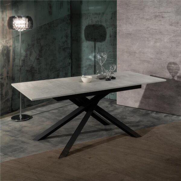 Tavolo Allungabile, Top in Melaminico cemento bianco opaco Gambe in Metallo Nero, Pulse 25 Dimensioni 90x140 Max 190 x h76 cm, peso kg 49 Fino a 8 persone colore cemento bianco opaco
