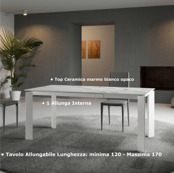 Tavolo Allungabile, Top Ceramica (sinthered stone) Gambe in Metallo FRAME Dimensioni 80x120 Max 170x h76 cm, peso kg 69 Fino a 8 persone colore top in marmo Bianco opaco