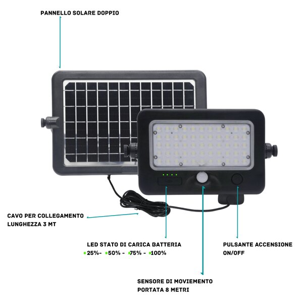 Faro a Led Solare MILLE - 1000 Lumen - Faro con pannello solare potente - 3000k bianco caldo