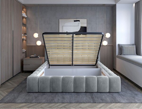 Letto matrimoniale imbottito grigio chiaro con contenitore con rete inclusa 140x200 cm Lamica – ELTAP