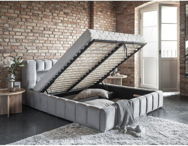 Letto matrimoniale imbottito grigio chiaro con contenitore con rete inclusa 140x200 cm Lamica – ELTAP