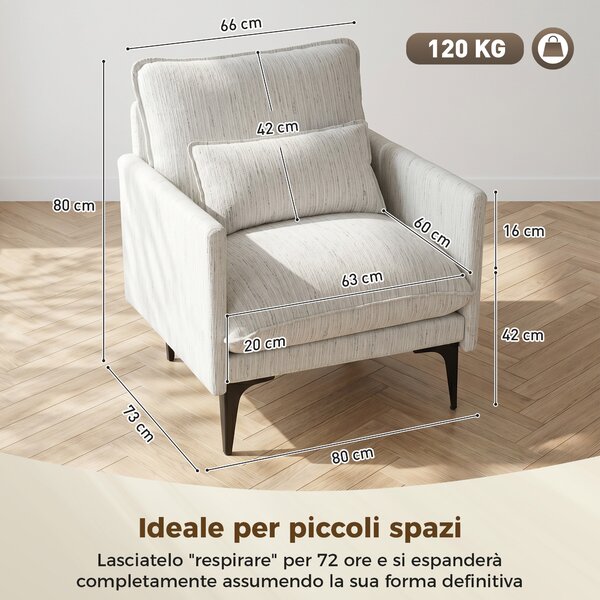 HOMCOM Poltrona Salotto Imbottita in Tessuto Effetto Lino con Braccioli, Cuscino Lombare e Seduta Ampia, Bianco | Aosom Italy