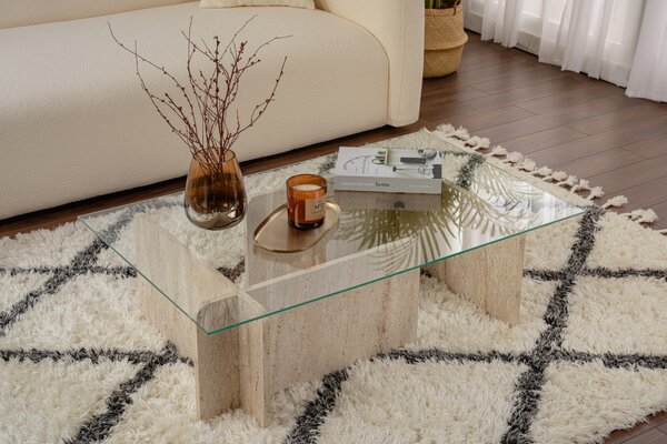 Skye Decor, Flavio - Travertino, tavolini, travertino, vetro, 105 x 30 x 65 cm