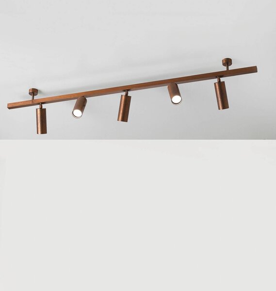 Cremasco Plafoniera 7534, legno brunito, a 5 luci, GU10 dimmerabile, Legno scuro, Soggiorno / Sala da pranzo, Ottone, Moderno, Downlight
