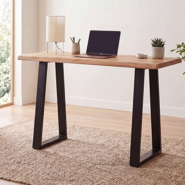 FineBuy Scrivania 118x41x76,5 cm in legno massello di acacia / metallo; scrivania per computer con bordi naturali; scrivania da ufficio per l'home office; scrivania in legno massello stretta; tavolino per laptop