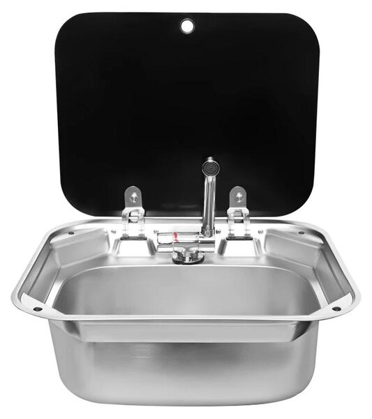 Lavello per camper, roulotte o barca - Lavello da incasso in acciaio inossidabile 304 - Con coperchio - Rubinetto pieghevole - Adatto per cucina/bar - Scarico curvo