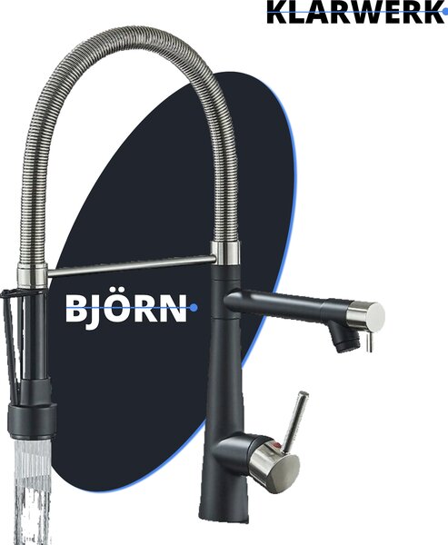 Björn | Gastronomia rubinetto da cucina nero argento | due spruzzi | rubinetto da cucina professionale in acciaio inox | doppio lavello ristorante