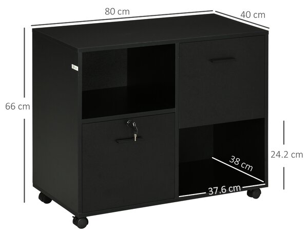 Vinsetto Mobile da Ufficio con 2 Cassetti Porta Documenti e Ripiani, Ruote con Blocco, 80x40x66cm, Nero|Aosom