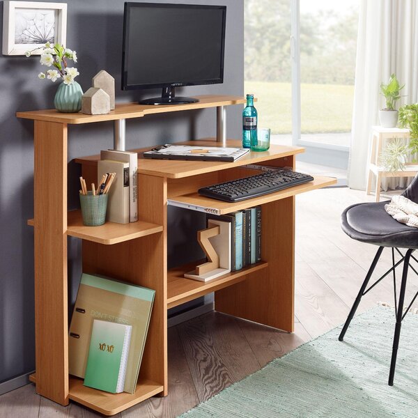 FineBuy Tavolo per computer in faggio 94x90,5x48,5 cm Tavolo moderno per laptop con cassetto per tastiera Tavolo per PC con ripiano per stampante Tavolo salvaspazio Tavolo per laptop