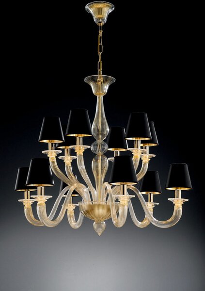 Vetrilamp - lampadario 6+6 luci - vetro di Murano - 1151/6+6 - Vetrilamp Metallo/oro Nero/cristallo