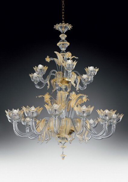Lampadario 18 luci in vetro di Murano -86/12+6- cristallo/oro - Vetrilamp