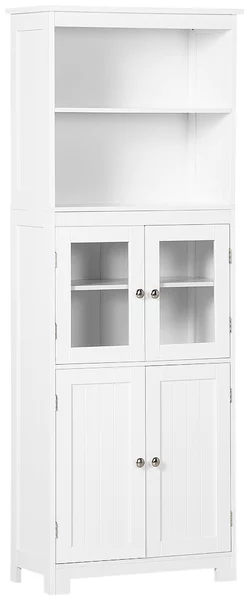 HOMCOM Mobile Dispensa con 2 Ripiani Aperti e 2 Armadietti con Ante, in MDF e Vetro, 60x30x162 cm, Bianco