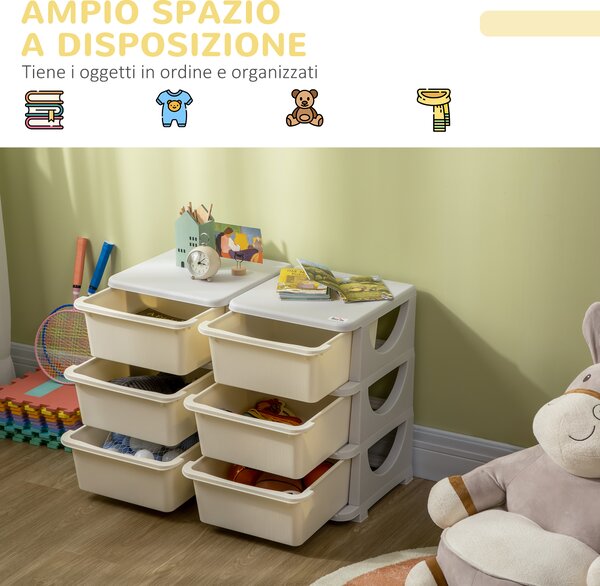 HOMCOM Cassettiera 6 Cassetti per Bambini 3-6 Anni con Bordi Arrotondati, in PP Bianco Crema, 75x37x56.5 cm | Aosom Italy