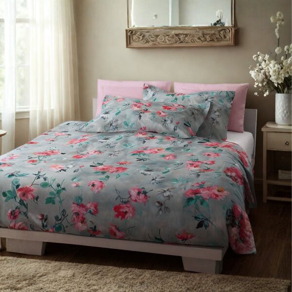 Completo Lenzuola In Percalle Monet Matrimoniale - 250X290 175X205 + 2 Federe 50X80 Emporium Floreale Azzurro Caleffi