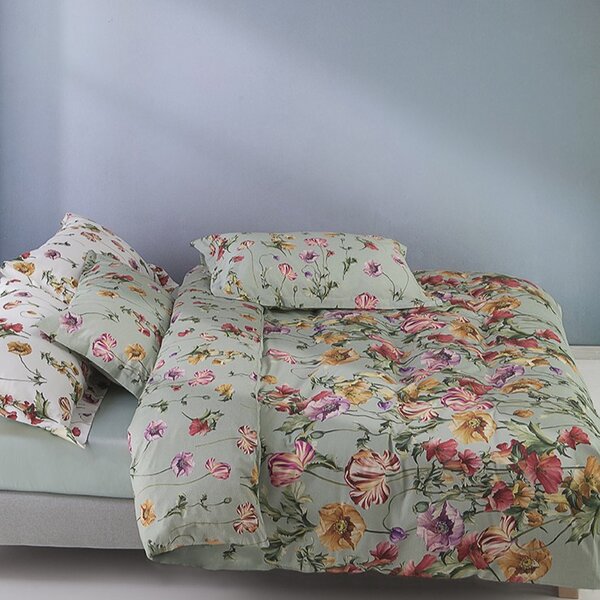 Copripiumino Con Federe In Percalle Poppies Matrimoniale - 255X255 + 2 Federe50X80 Emporium Floreale Verde Caleffi