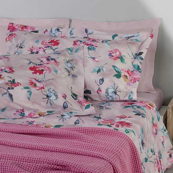 Completo Lenzuola In Percalle Monet Matrimoniale - 250X290 175X205 + 2 Federe 50X80 Emporium Floreale Rosa Caleffi