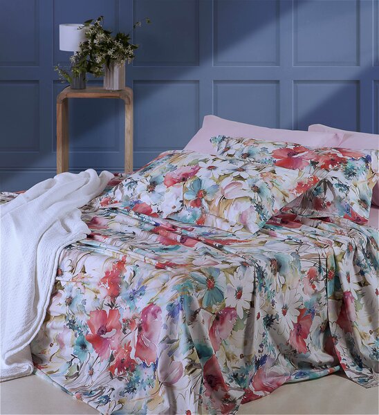 Copripiumino Con Federe In Percalle Acquerello Di Fiori Matrimoniale - 255X255 + 2 Federe50X80 Emporium Floreale Rosso Caleffi