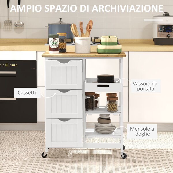 HOMCOM Carrello Cucina Isola Cucina con 3 Cassetti e Ruote, 67x37x85.5cm, Bianco | Aosom Italy
