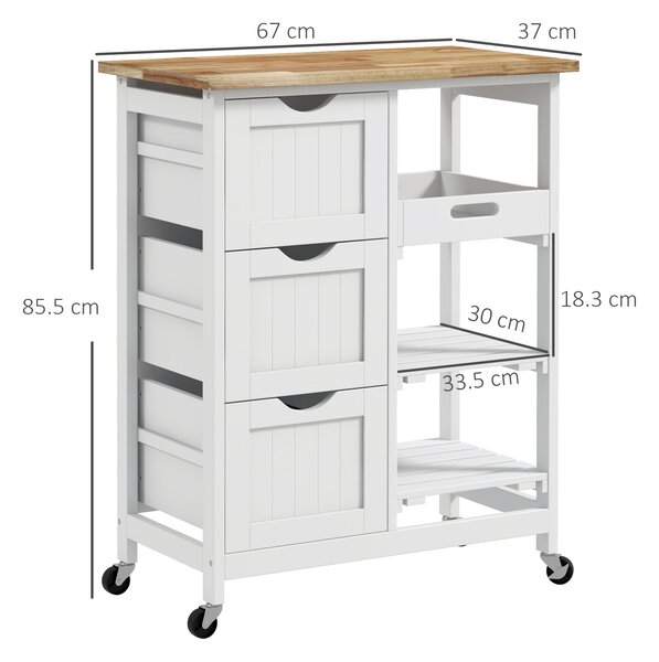 HOMCOM Carrello Cucina Isola Cucina con 3 Cassetti e Ruote, 67x37x85.5cm, Bianco | Aosom Italy