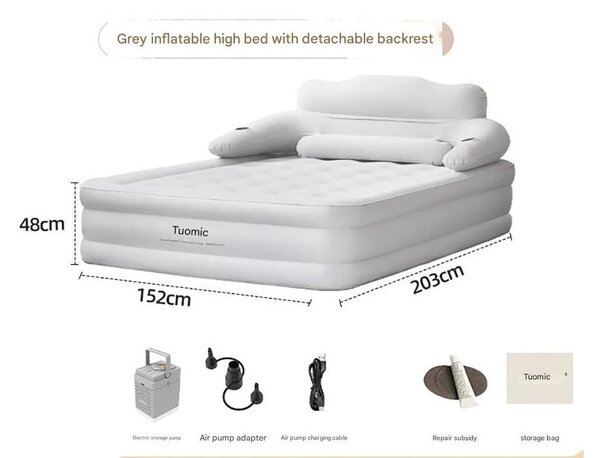 Materasso gonfiabile matrimoniale - Materasso ad aria per campeggio - Con schienale, altezza 48 cm, per 2 persone, pieghevole, per interni ed esterni - Grigio chiaro
