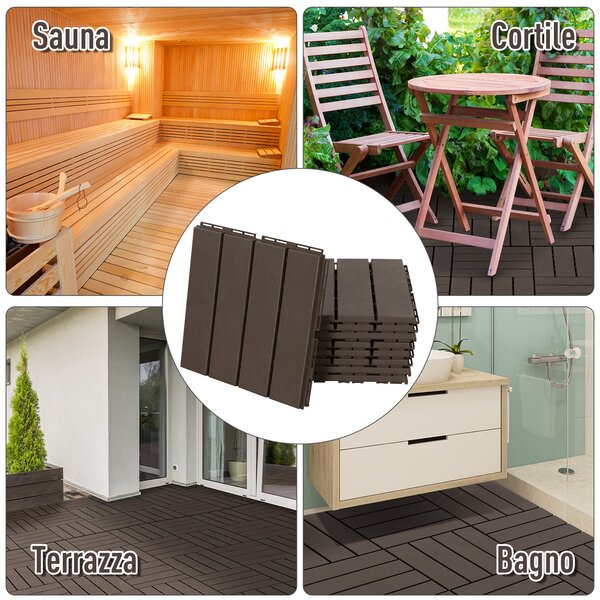 Outsunny Set 9 Mattonelle a Incastro per Terrazzo, Piastrelle (30x30x2cm) in PP Antiscivolo, Area: 0.81 mq, Marrone|Aosom