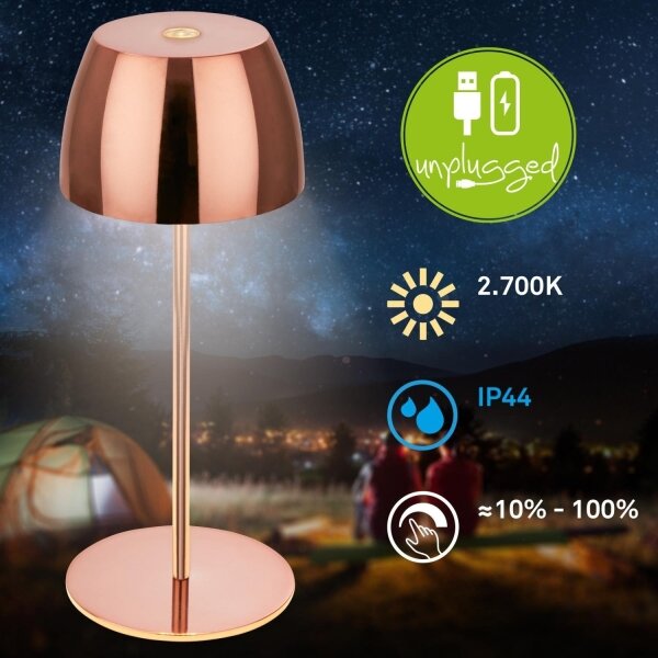 Briloner - Lampada da tavolo LED MINI per esterni, dimmerabile e ricaricabile, con controllo touch, 2,5W/5V, IP44, 1800 mAh, finitura ramata