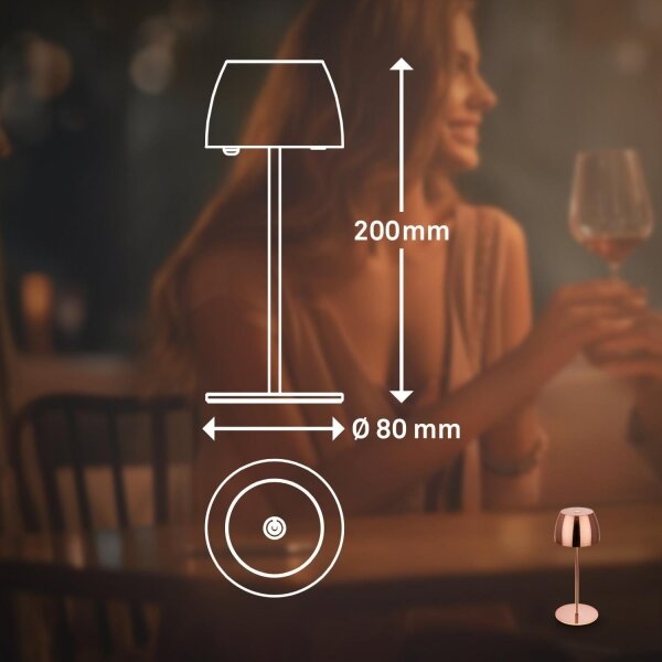 Briloner - Lampada da tavolo LED MINI per esterni, dimmerabile e ricaricabile, con controllo touch, 2,5W/5V, IP44, 1800 mAh, finitura ramata