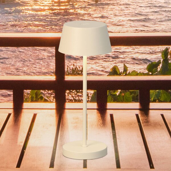 FH Lighting Lampada LED da tavolo ricaricabile Sienna Pro beige sabbia, 24 cm, metallo IP54 Pro, dimmerabile, Crema / Ambra, Metallo, Moderno