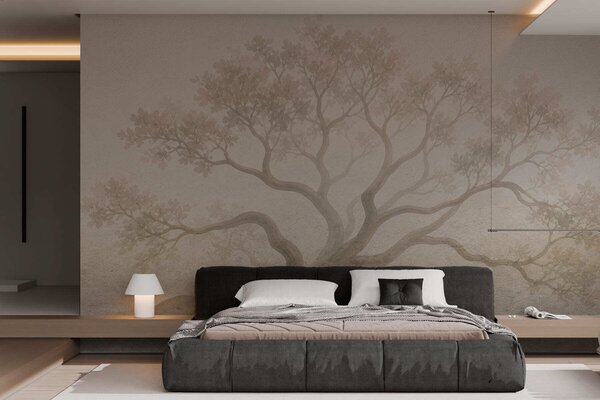 Carta da parati Paesaggio minimalista con alberi avvolti dalla nebbia, in tenui tonalità beige: un'opera, Carta da parati Natura, w05602 : Uwalls.it
